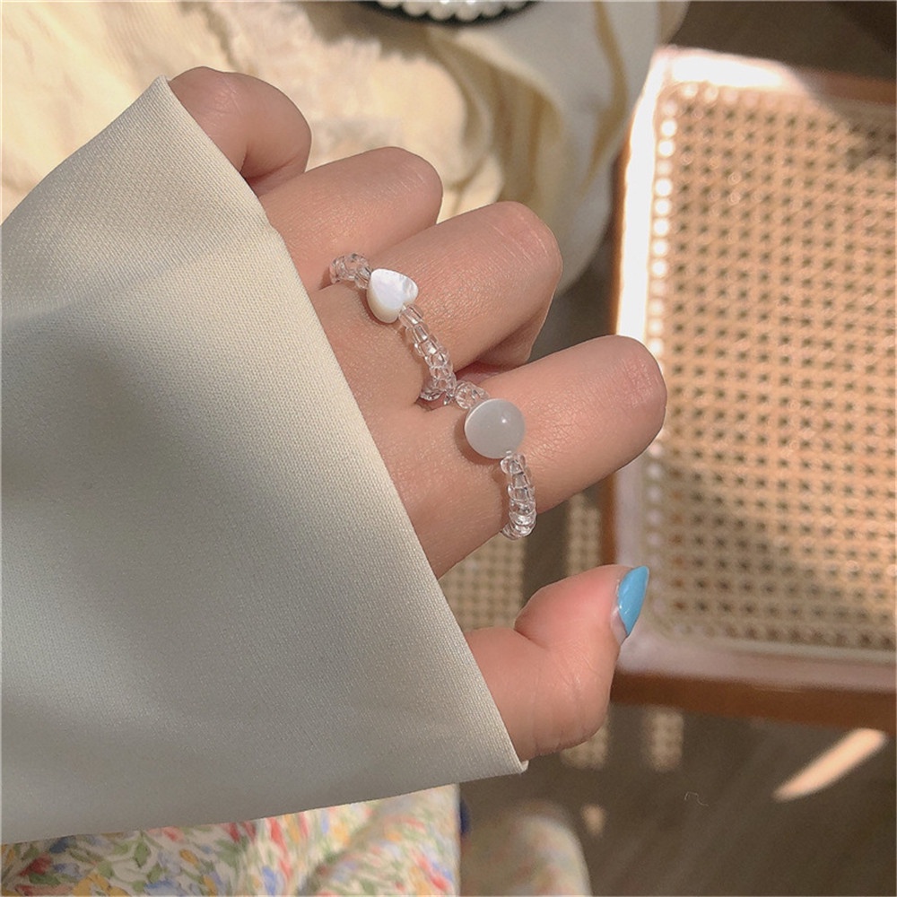 【COD Tangding】INS Shell Opal Ring Beaded Elastic Adjustable Design Luxury Ring Heart