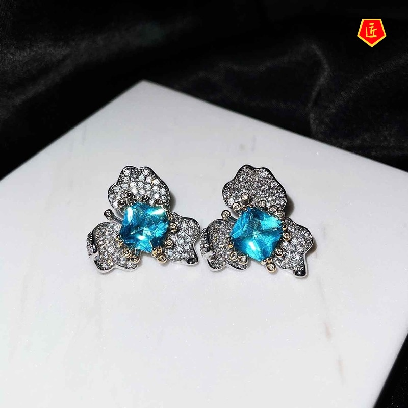 [Ready Stock]Jewelry Flower Stud Earrings Elegant Blue Topaz Ring Necklace Set