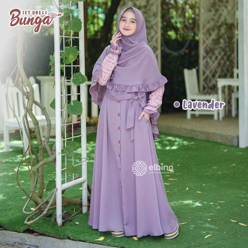 Set Dress Bunga Elbina Hijab Warna Lavender (Khimar) Size S