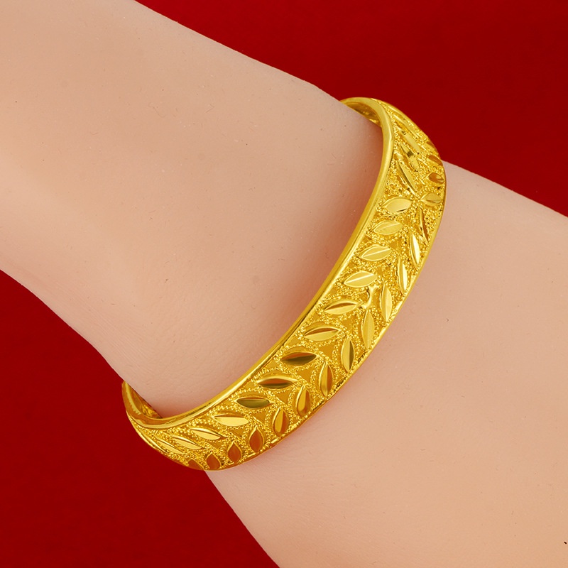 Gelang Model Terbuka Adjustable Desain Daun Gandum 24K Gaya Minimalis Untuk Wanita