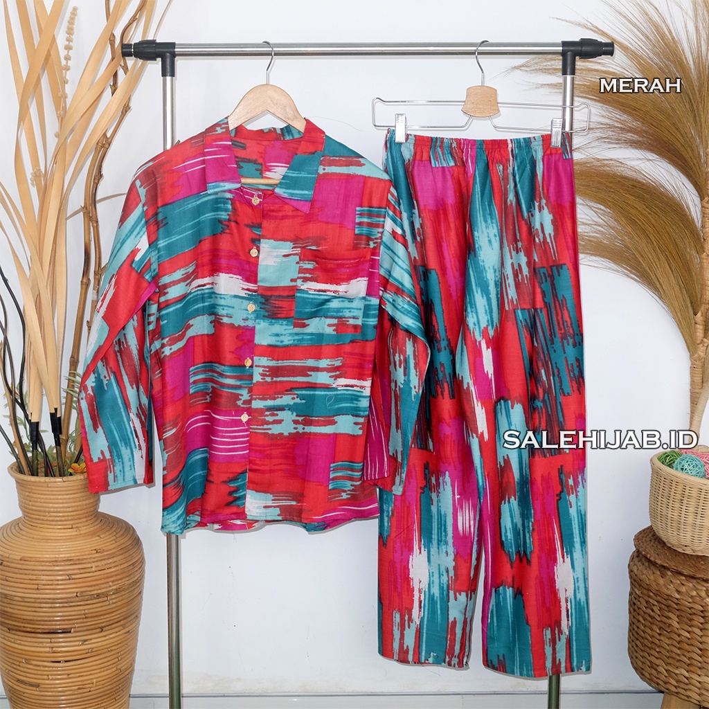 Setelan Baju Tidur Motif Bunga Sepatu / One Set Fashion Wanita Rayon Premium Kode T4 G4 G3 G2-G2 MERAH