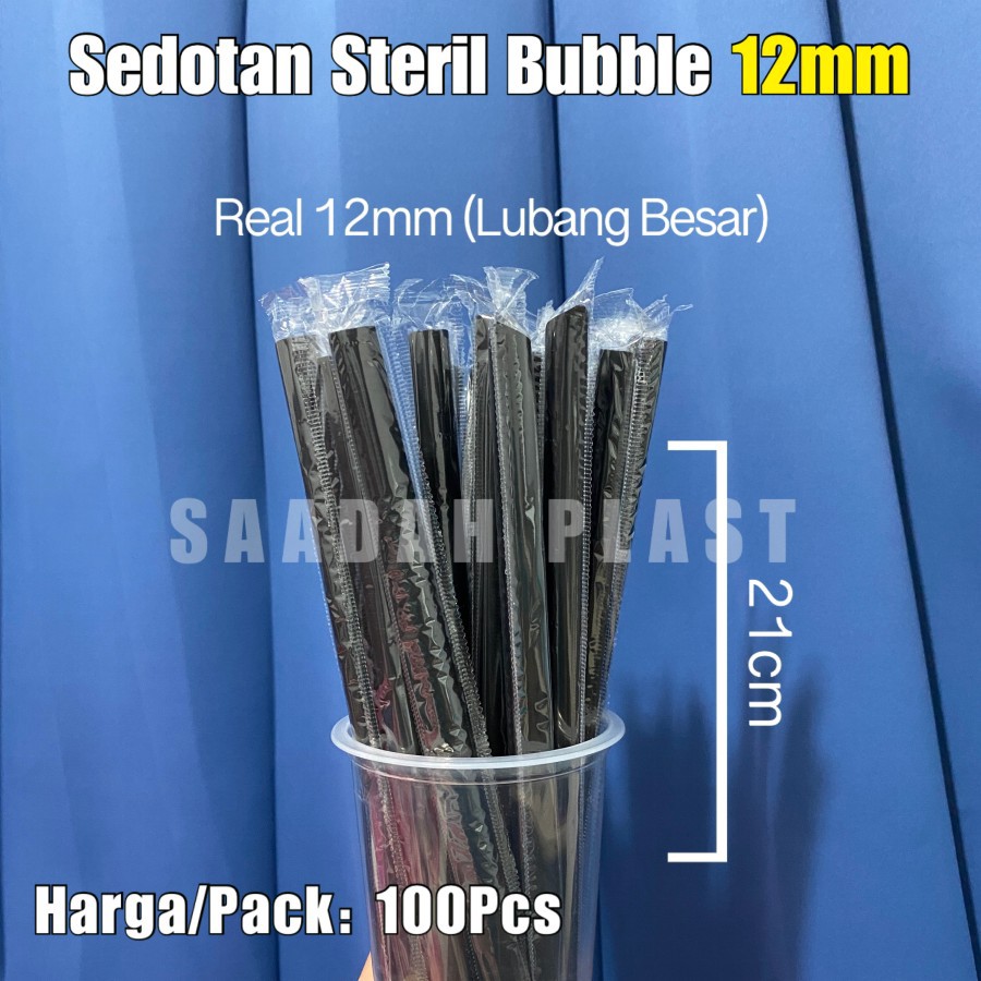 (ISI 100) Sedotan Bubble Hitam 12mm x 21cm Bening / Bungkus Plastik Steril Runcing 12ml BOBA 1221