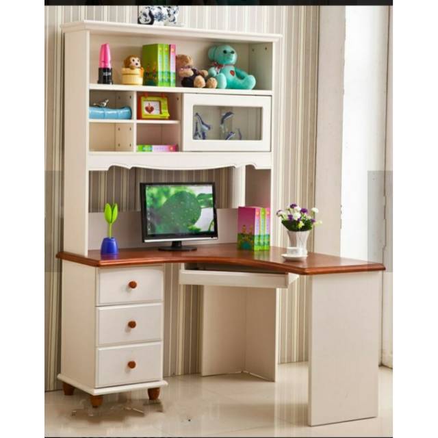 Set meja belajar anak plus laci dan lemari warna putih