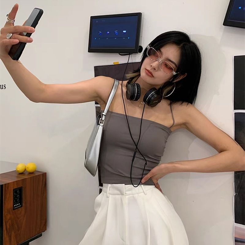 Tank Top Bra  Busa Basic Wanita Panjang / Tanktop Square Tali Spaghetti Premium-Basic Top Abu Tua