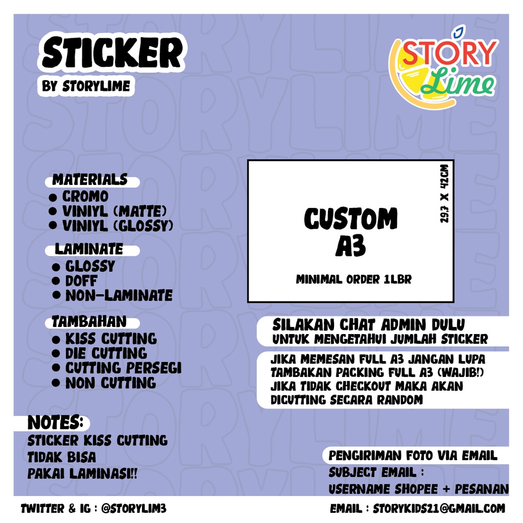 (HARGA PER SET) Sticker Custom ukuran A3, A4, A5, A6 (Sticker Label, sticker cutting, sticker deco, kpop, jpop, dll) By. STORY.LIME
