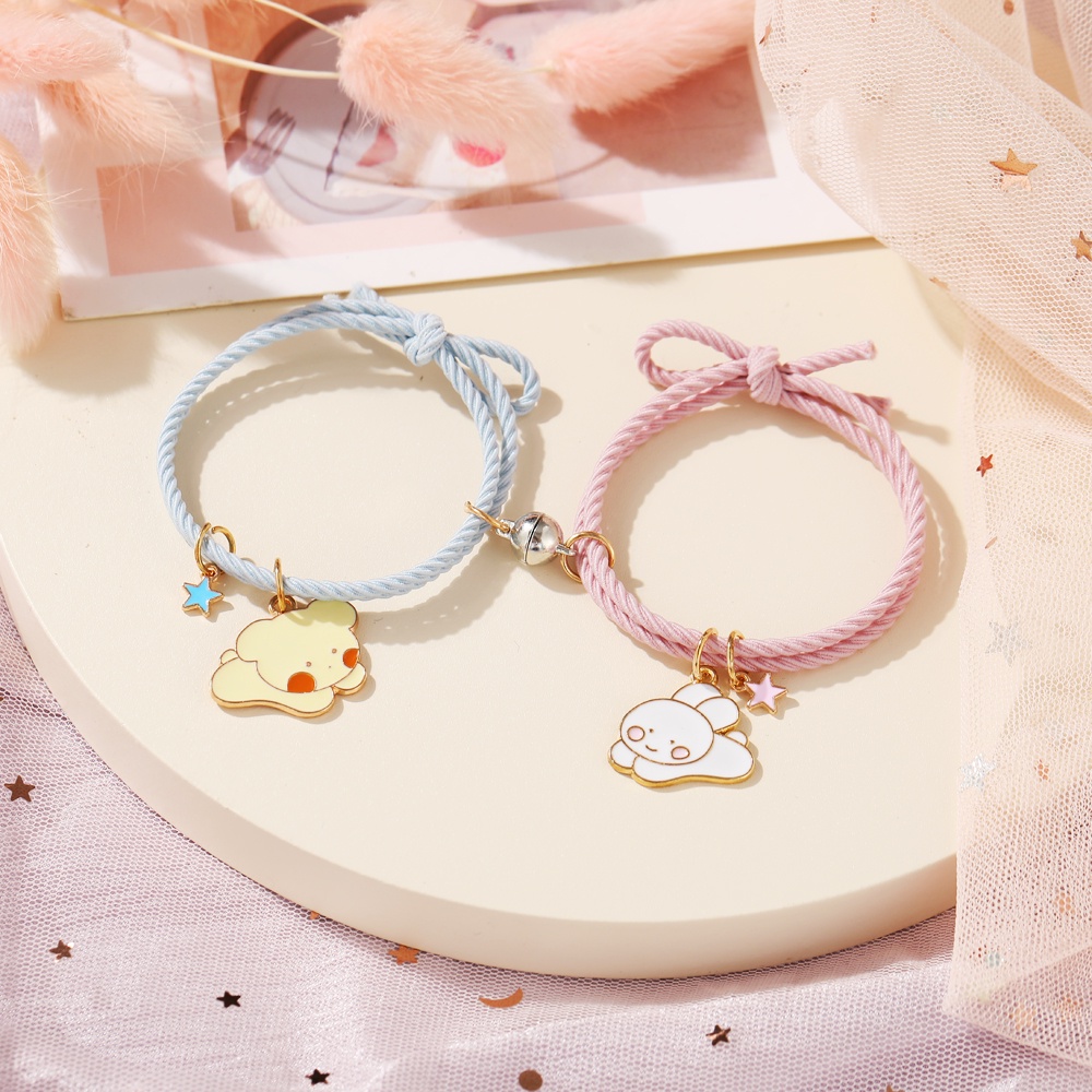 2Pcs Korean Cartoon Animal Pendant Magnetic Couple Bracelet Multifunction Bracelet Hair Band Colorful Hair Tie Women Jewelry Accessories