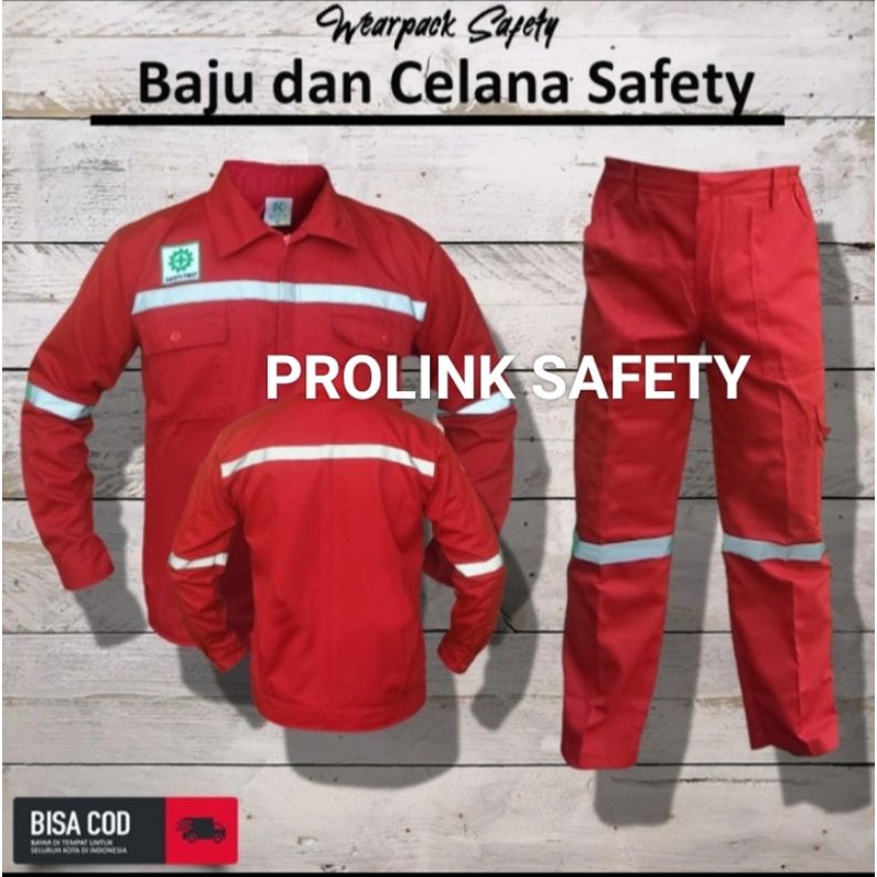 SETELAN SERAGAM SAFETY MERAH PREMIUM KANCING DAN RESLETING