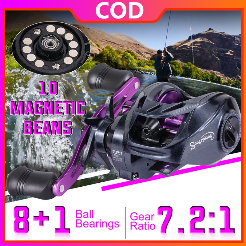 Sougayilang Ungu Baitcasting Fishing Reel Rill Pancing7.2: 1 Rasio Gear dengan Pegangan Karet Lembut untuk Air Tawar Air Asin Memancing Outdoor rell pancing