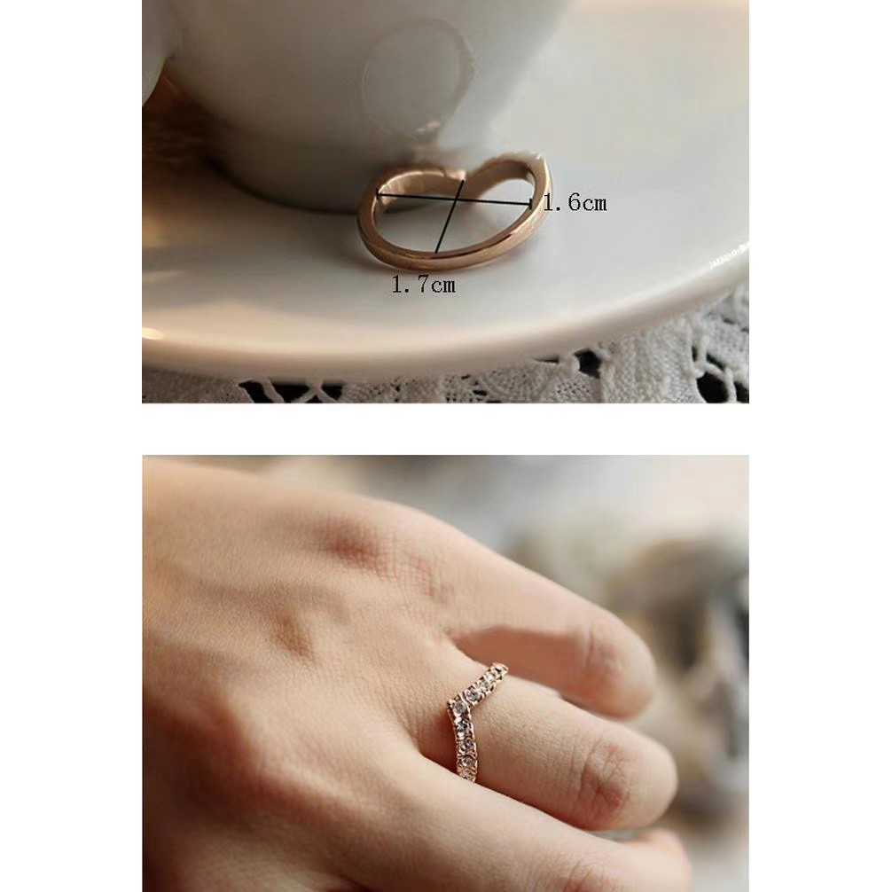 Cincin Wanita Titanium Anti Karat New Fashion V Diamond Love Heart Cincin Murah Korea E03