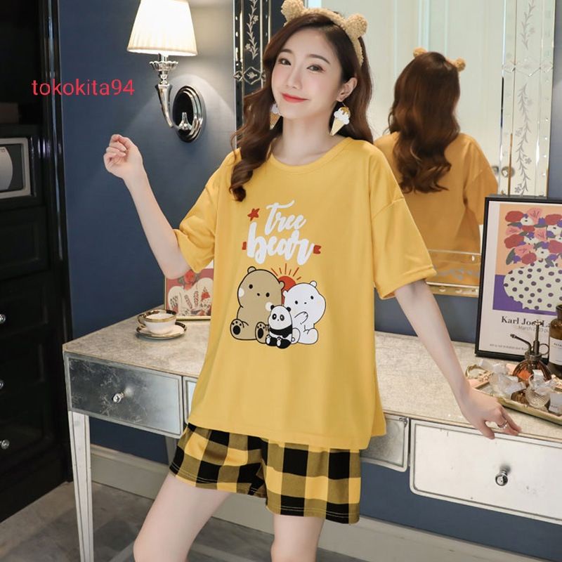 Piyama Import Wanita Lengan Pendek 1 Set - Piyama Korea Lucu - Pakaian Tidur Adem Nyaman