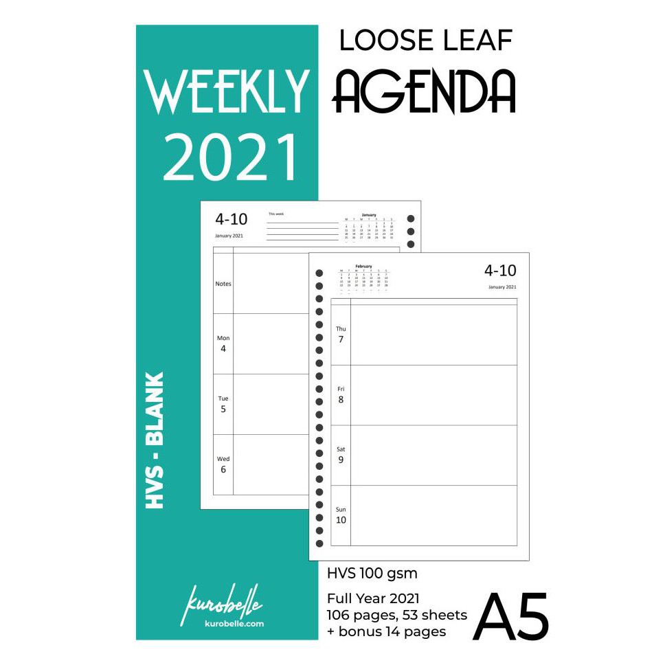 

WEEKLY AGENDA 2021 LOOSE LEAF A5 PLANNER NOTEBOOK NOTEPAD DIARY BUKU - HVS - BLANK Kode 506