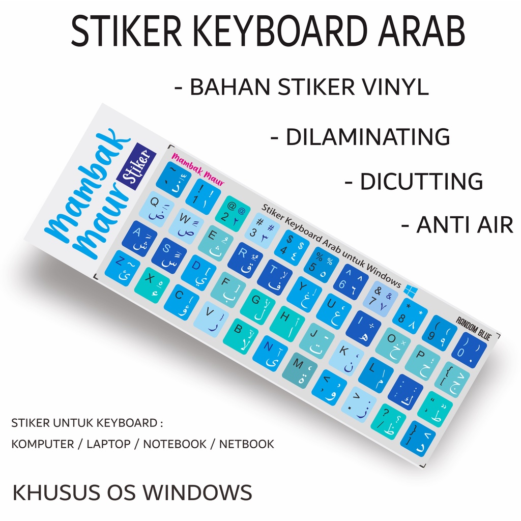 STIKER KEYBOARD ARAB WARNA BAHAN VINYL SUDAH DICUTTING DAN DILAMINATING - WARNA RANDOM BLUE