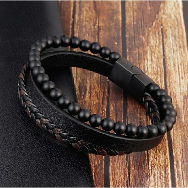 Gelang Kulit Pria Cokelat Natural Stone Magnetic Buckle Wristband Bracelet Men