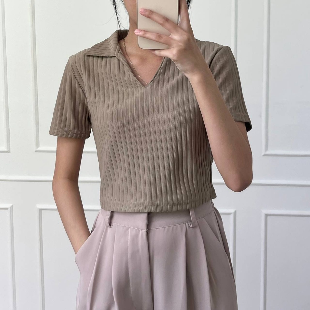 Lily Top 260 - Kaos Knit Rib - Kaos Pendek Wanita - Kaos Polo Crop-Sage