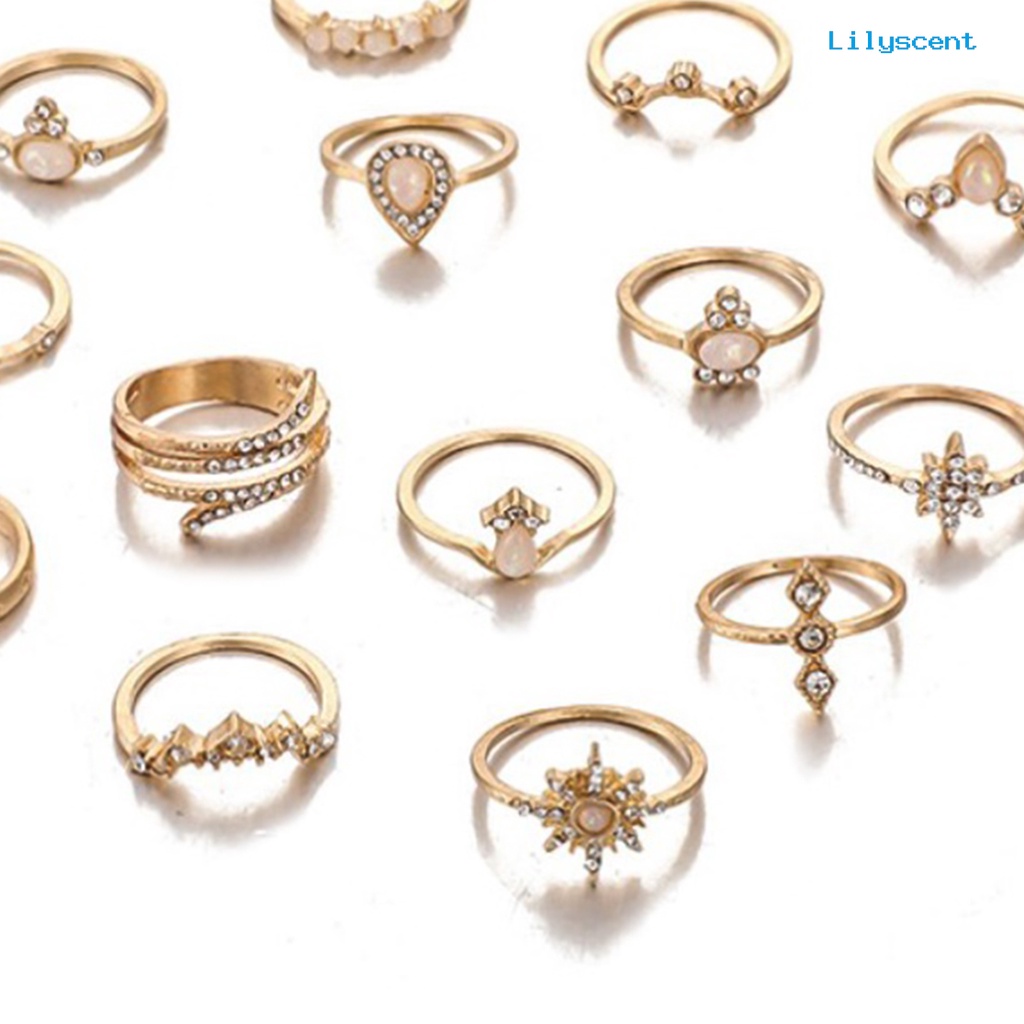 Ls 17Pcs / Set Cincin Wanita Hias Batu Permata / Berlian Imitasi Gaya Bohemian Untuk Kencan / Hadiah