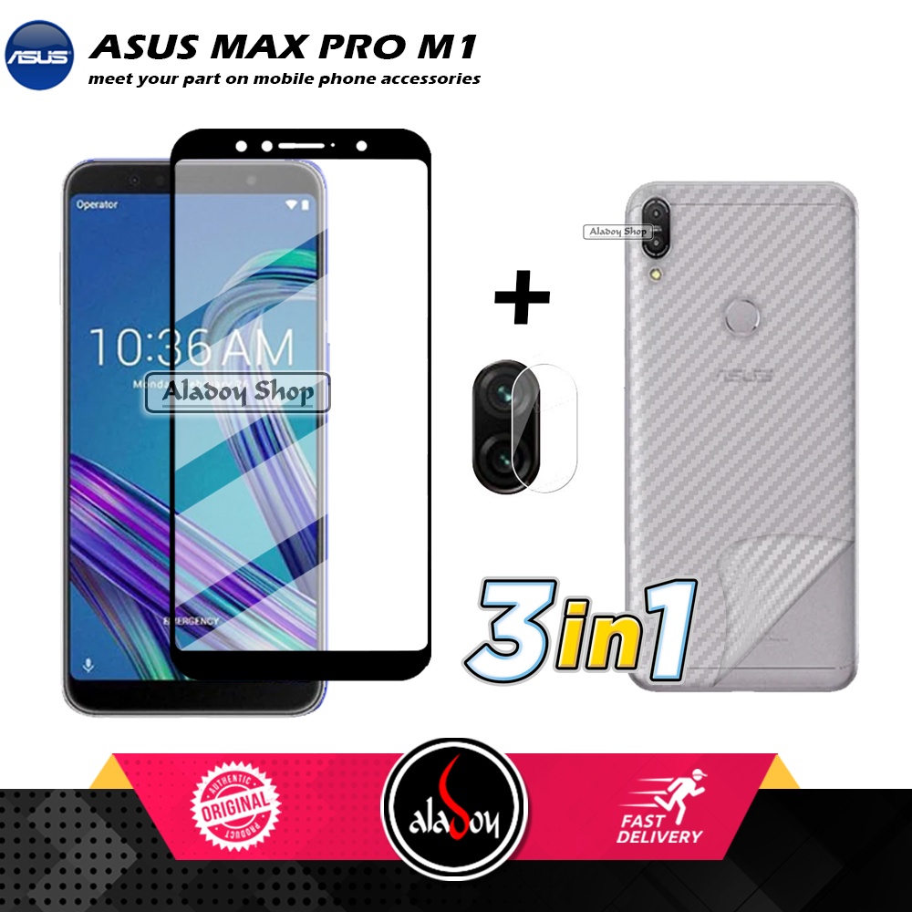 PAKET 3 IN 1 Tempered Glass Layar Asus Max Pro M1 Free Tempered Glass Camera dan Skin Carbon