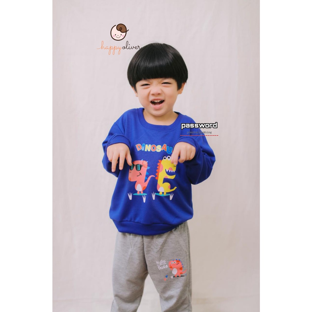 HappyOliver PASSWORD DINO DUDE Setelan Sweater 1 - 7 Tahun Baju Anak BerKualitas