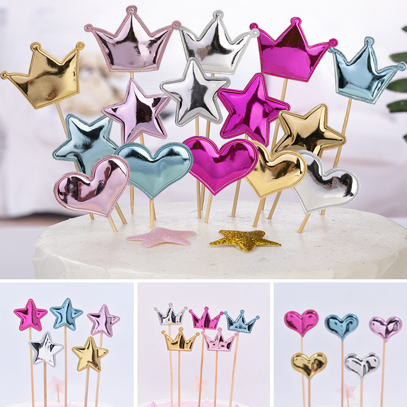 5pcs / Set Hiasan Topper Kue Dengan Bentuk Mahkota / Bintang / Hati Untuk Pesta