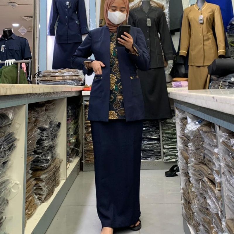 stelan baju guru list batik / baju guru biru dongker batik /baju guru wanita / seragam pemda wanita