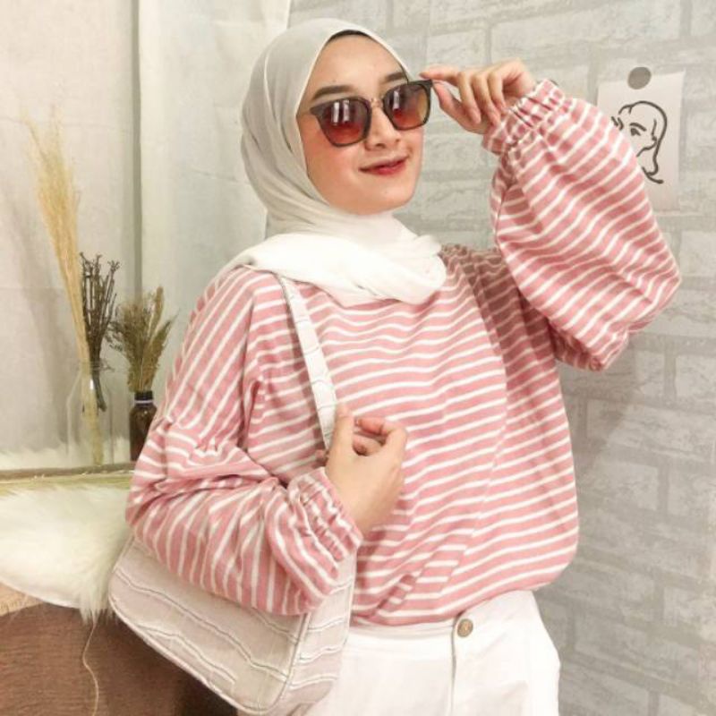 Mybamus Ballon Stripe Blouse / Blouse Lengan Balon Strip Wanita