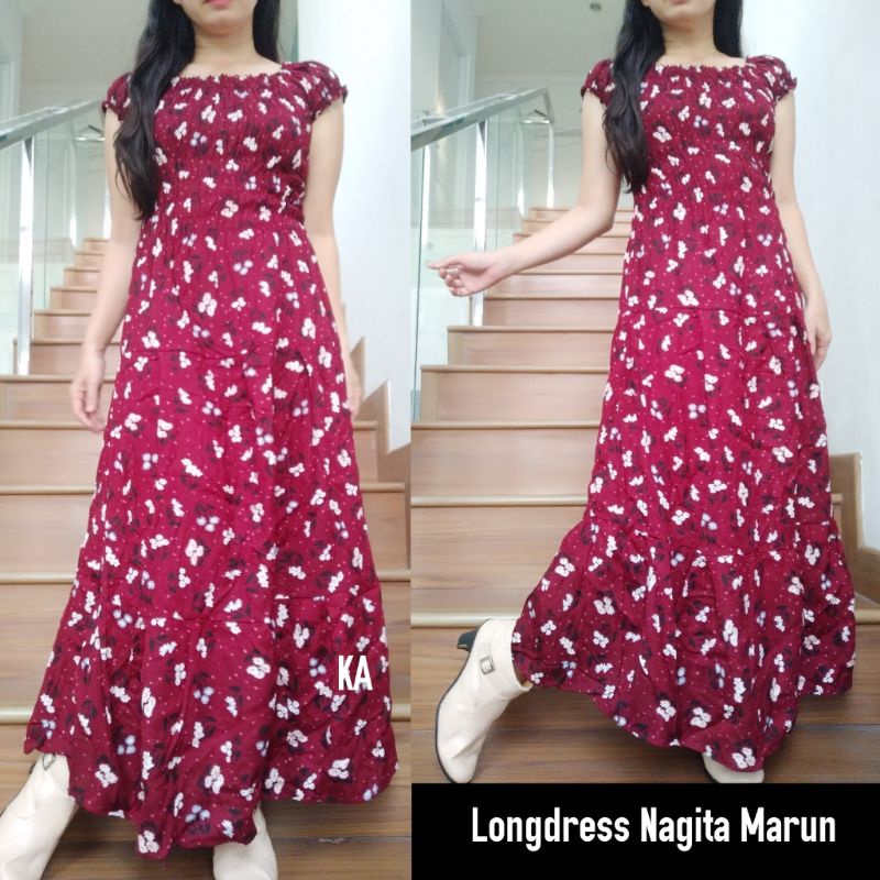Daster Panjang Serut Dada Rayon Adem Longdress Cantik Bunga Sakura Natasha-Nagita maroon