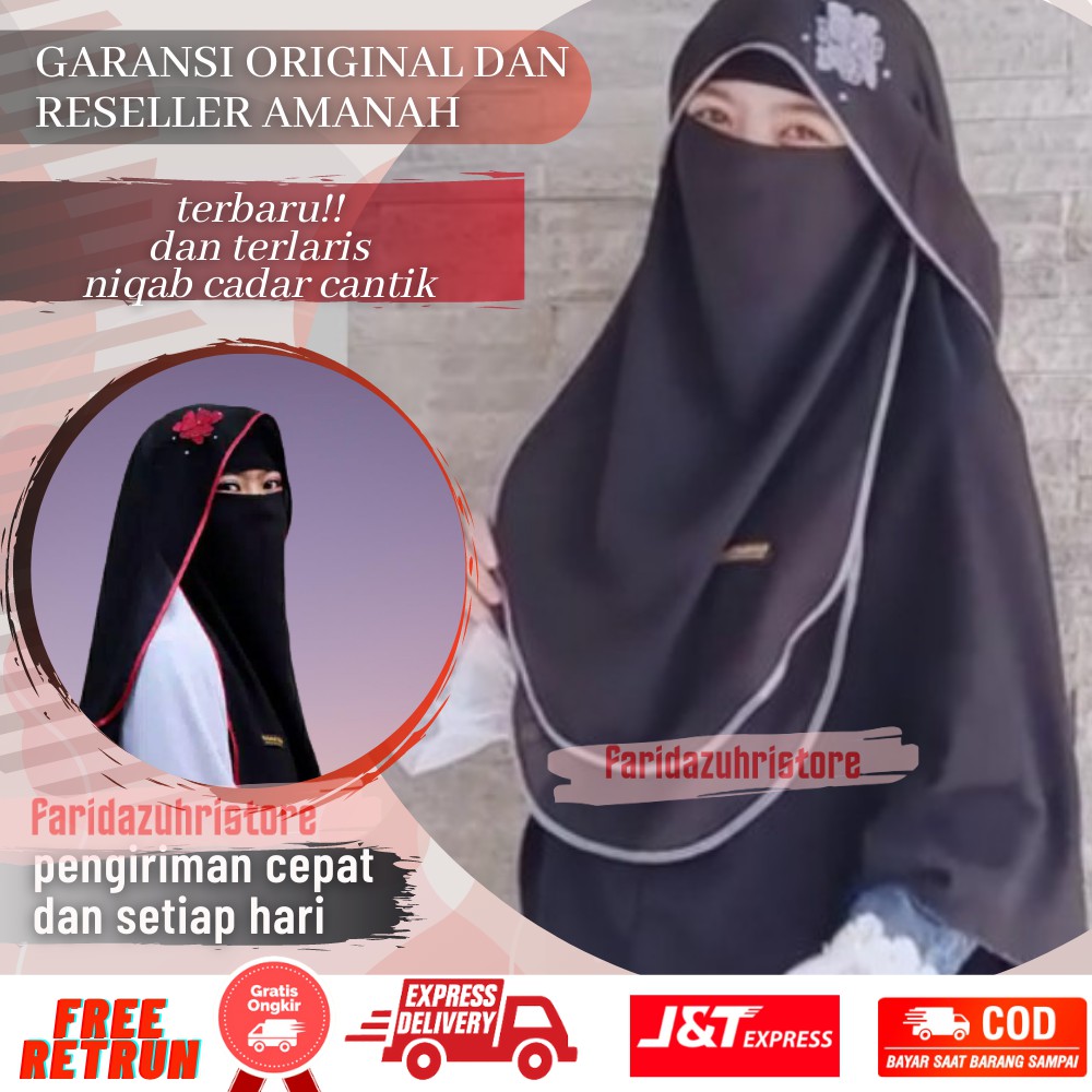 Niqab Niqob Cadar Butterfly Veil Bunga Import Arab jetblack 2 Layer Murah Kancing Bisban Sifon Silky