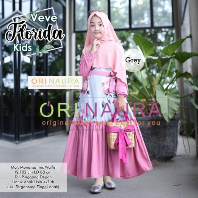 Veve Florida Kids Gamis Dress Set Syari Anak Plus Jilbab Usia 4 5 6 7 Tahun  Ori Naura Solo
