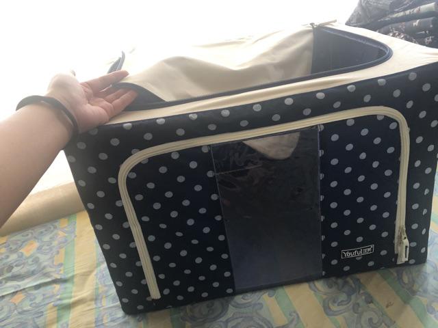 Storage Box Motif Polkadot Rangka Baja Double Zipper Bahan Oxford Tebal Lemari Baju Serbaguna