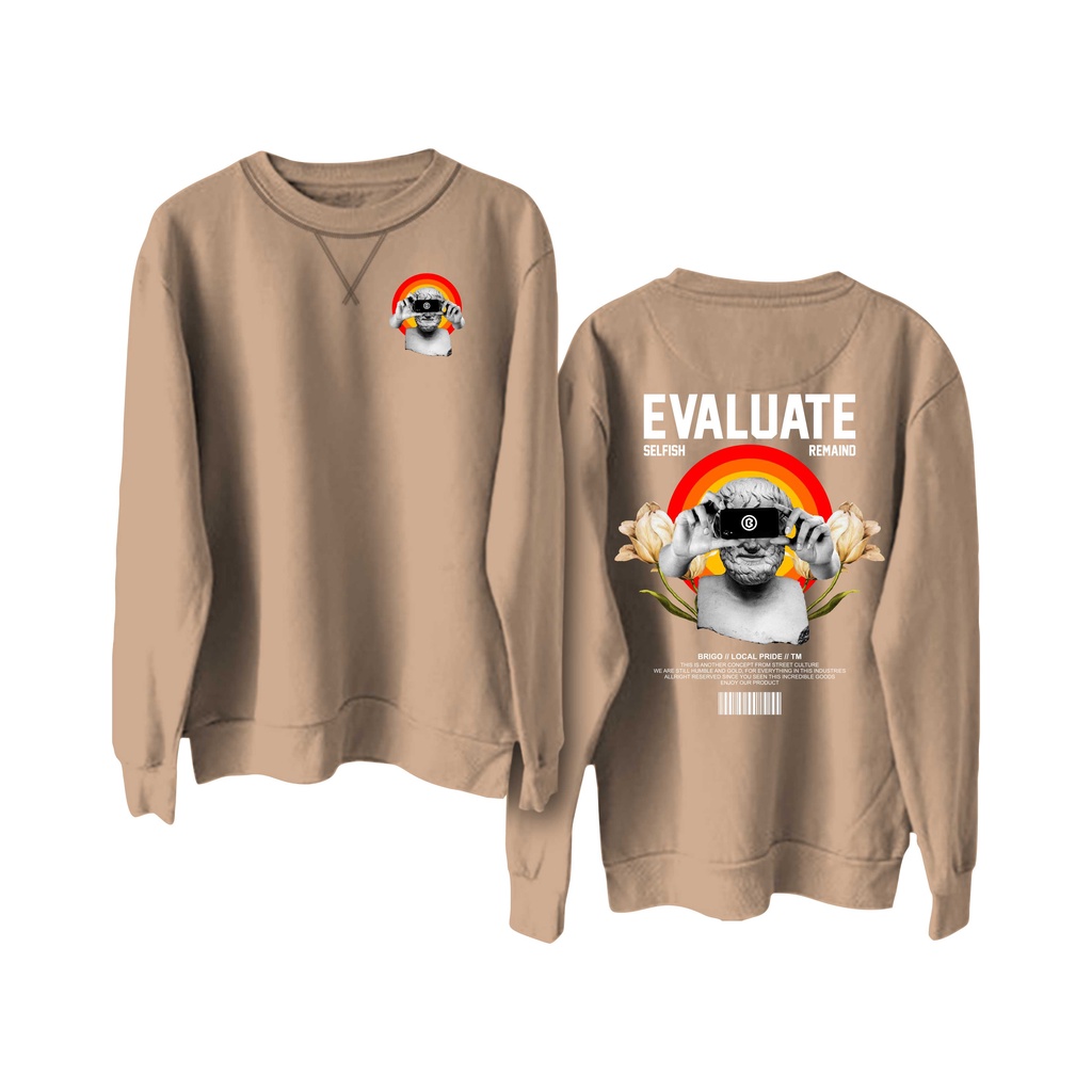 BRIGO Basic Sweatshirt  evaluate II Sweater Crewneck BRIGO  evaluate Sablon DTF Fleece Cotton M-XXL (Pria &amp; Wanita) Free stiker&amp;Gantungan Kunci