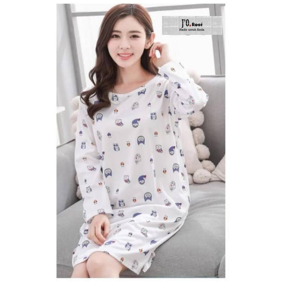 Baju Tidur/Daster Wanita/Cewek Panjang Owl Putih Murah