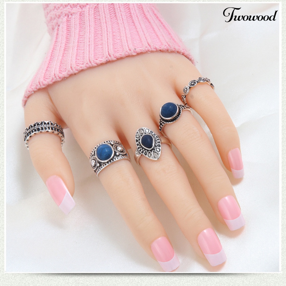 5pcs / Set Cincin Jari Bahan Alloy Aksen Batu Biru Gaya Bohemian Vintage Untuk Wanita