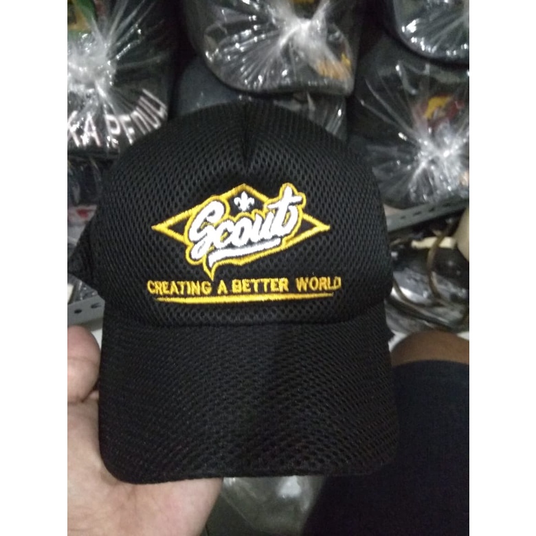 TOPI PRAMUKA SCOUT JARING DOUBLEMESS BORDIR MURAH