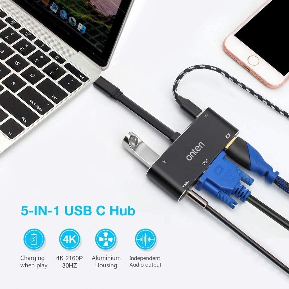 ONTEN OTN-9573S - USB-C to HDMI-VGA-AUDIO-USB 3.0 with PD Charger - Adapter USB-C ke HDMI/VGA/Audio/USB 3.0 + PD Charging 60W