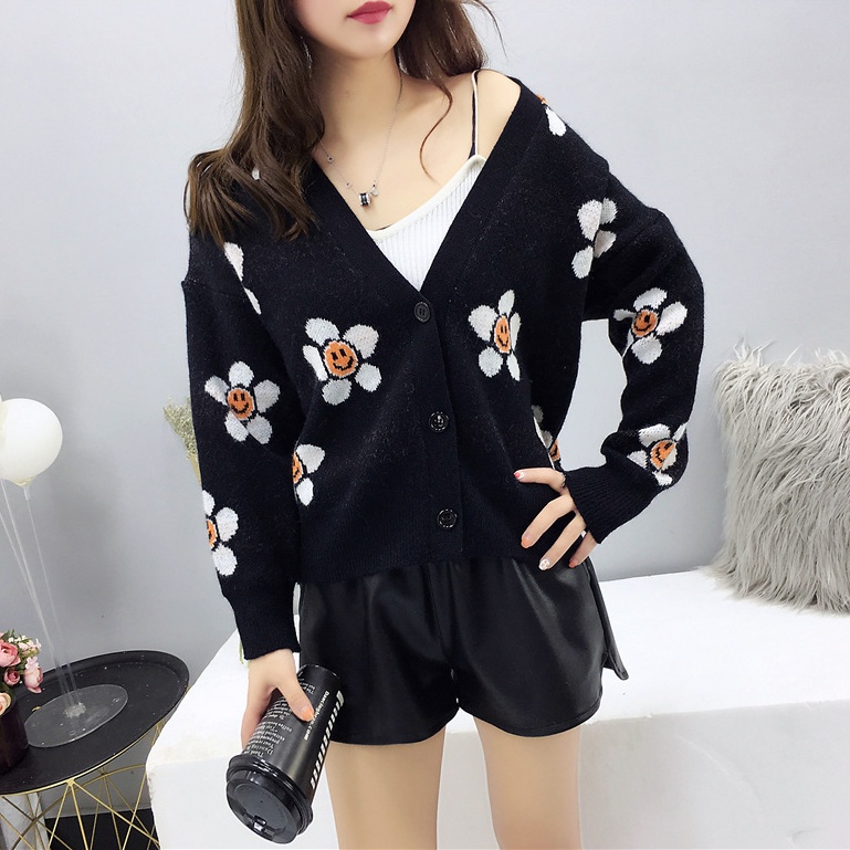 yikoo-Cardigan lengan panjang motif bunga wanita korea kardigan rajut