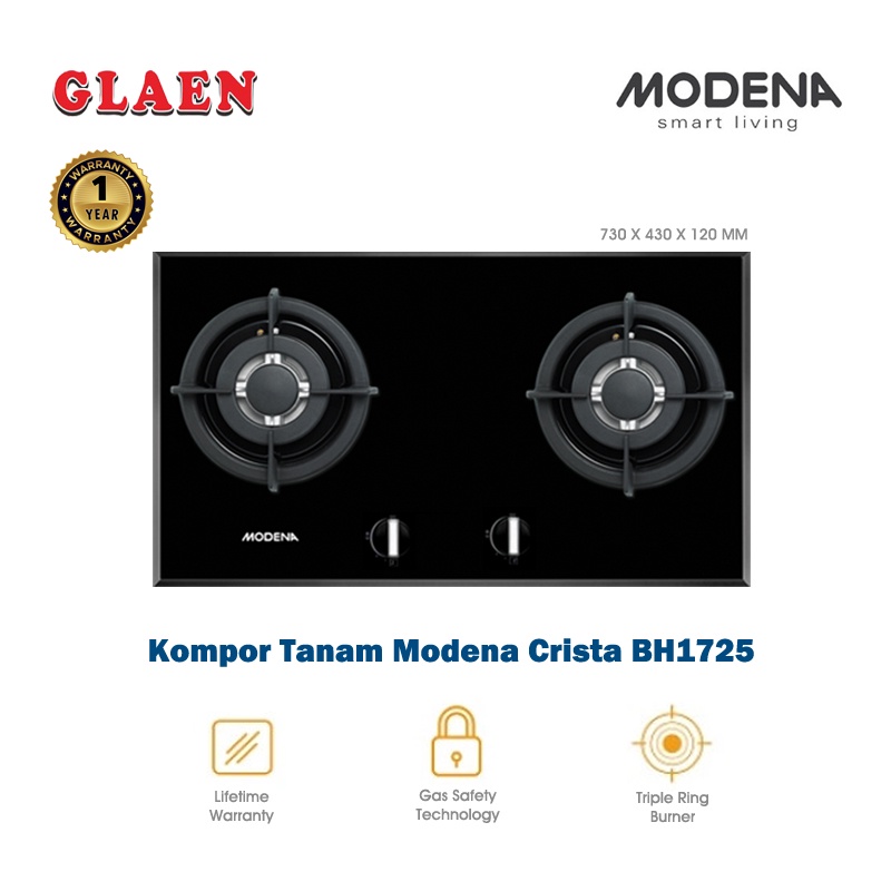 Kompor Tanam Gas 2 Tungku Modena Crista BH-1725 | Kompor Tanam 2 Tungku Kaca