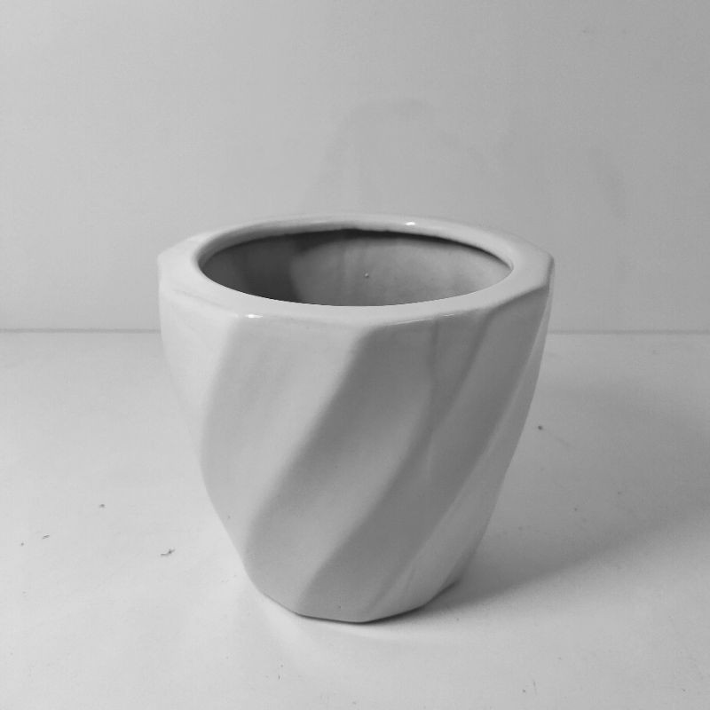 Pot bonsai keramik putih motif gelombang MURAH