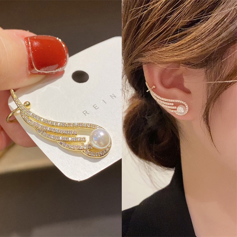 Anting Bentuk Sayap Malaikat Aksen Mutiara Dan Berlian Imitasi Gaya Korea