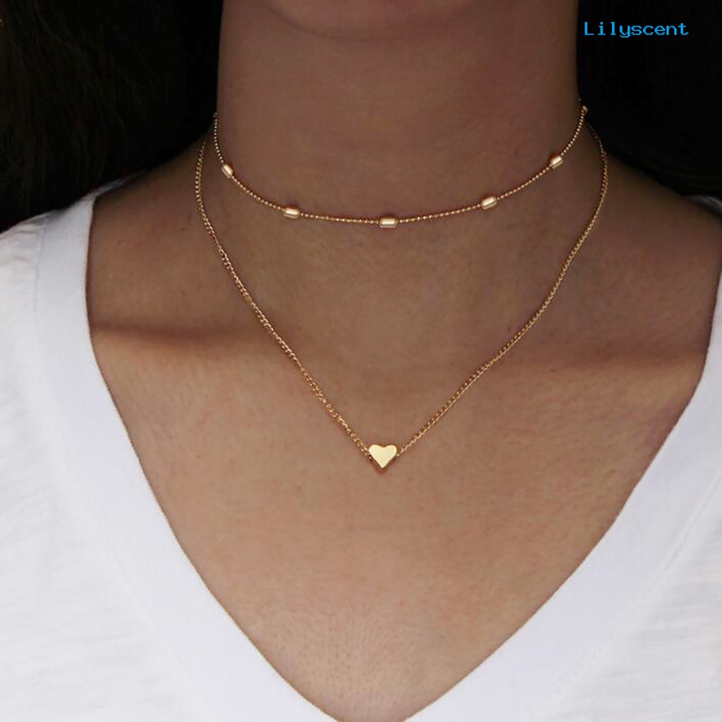 Kalung Choker Rantai Multilayer Aksen Manik-Manik Hati Untuk Wanita