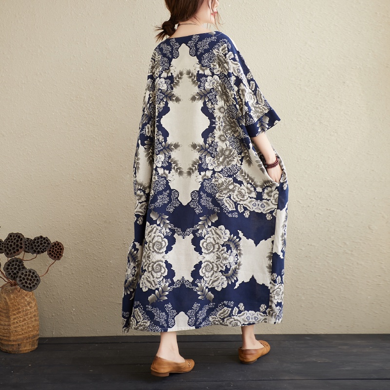 ⭐Dress gaun panjang besar wanita oversize dress motif bunga bunga putih biru