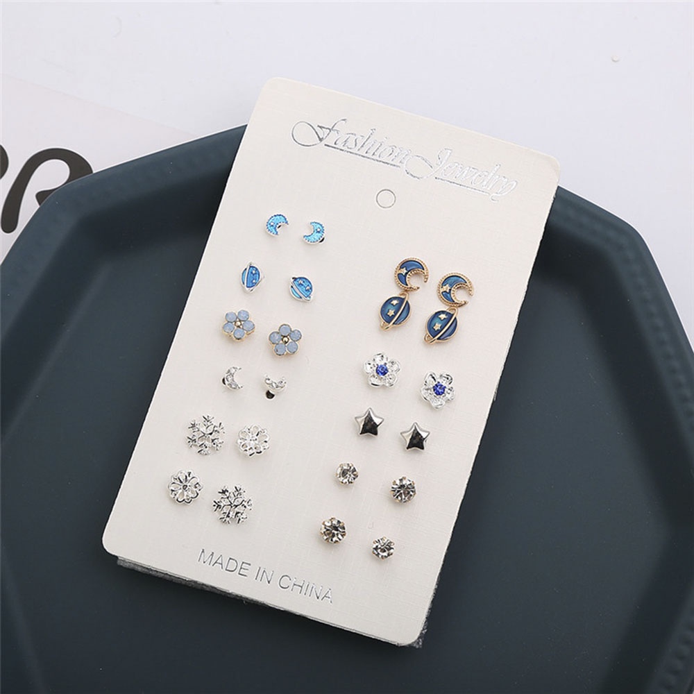 【COD Tangding】12 Pairs of New Fashion Earrings Set with Diamond Moon Earth and Stars Earstuds Jewelry Accessories