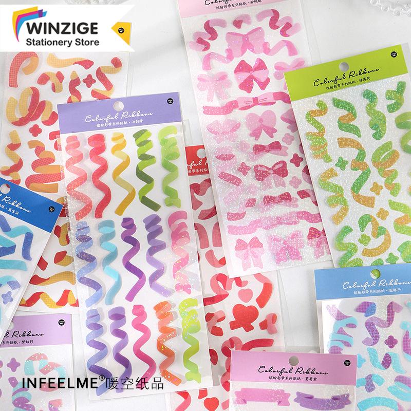 

WPSBGS 1 LEMBAR 10X22 CM Colorful Ribbons Sticker Gliter transparan pita bening AESTHETIC Pack Stickers Diary Decoration calender Supplies scrapbook bujo love stiker glitter confetti SUATELIER dekorasi