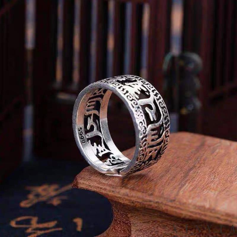 Cincin Model Terbuka Desain Enam Huruf Gaya Tibet Retro Untuk Pria Dan Wanita