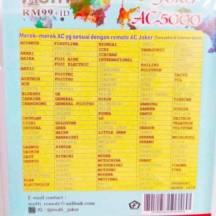 Remot Remote Ac Aqua/Akari/Akira/Advante/Artic/Auhtech Multi/Universal #98