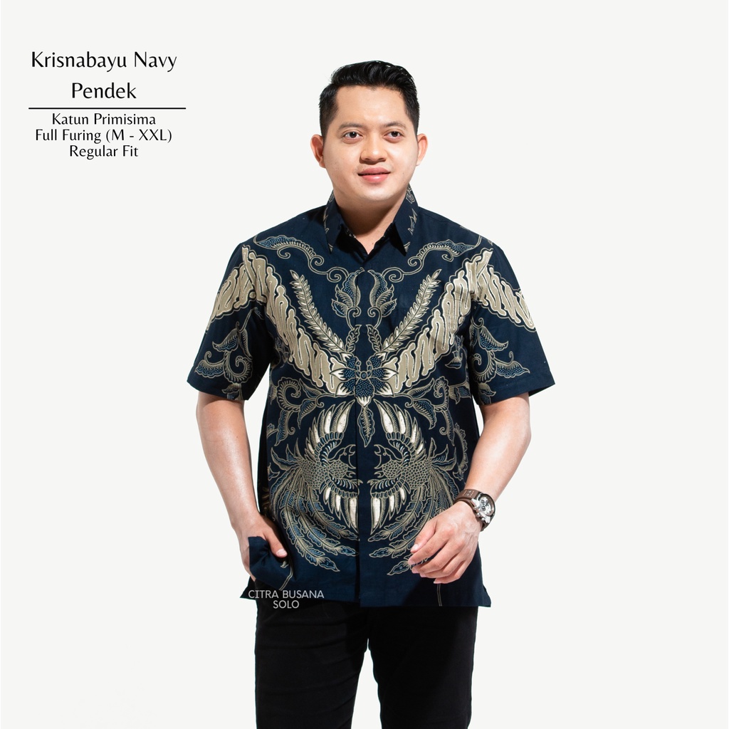 KRISNABAYU NAVY PENDEK Kemeja Batik Pria Full Furing Bahan Katun Primisima