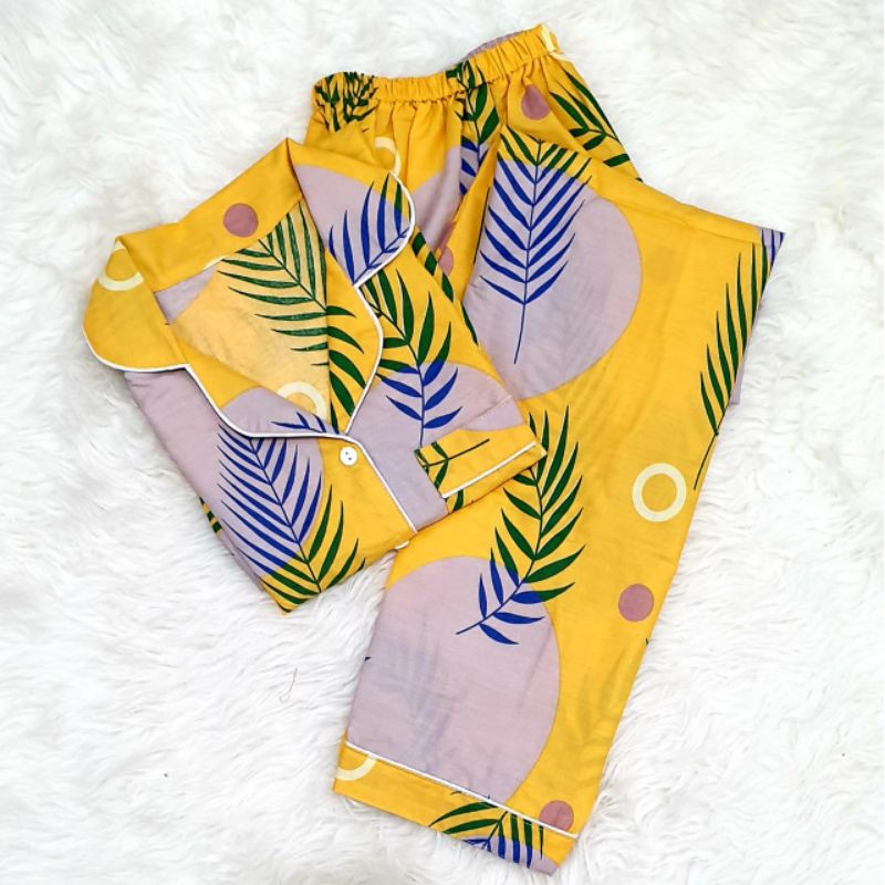 Baju tidur wanita piyama CP bahan soft katun premium adem lembut all size-Daun kuning