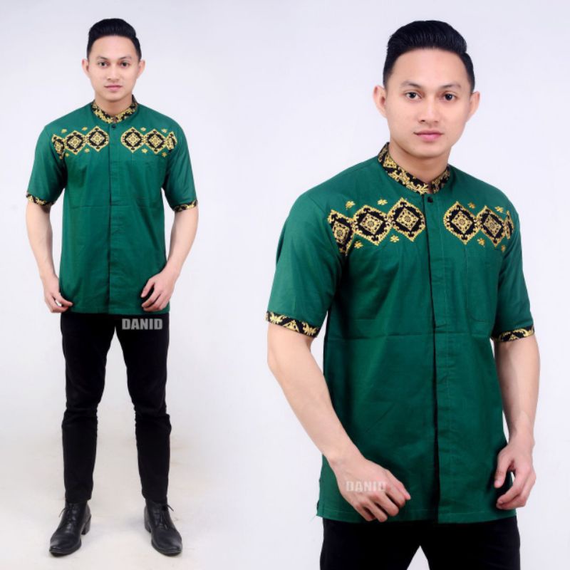 baju muslim batik pria lengan pendek kobinasi bordir terbaru