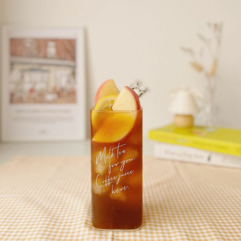 Gelas kaca Aesthetic bentuk kotak tinggi bahan borosilicate dengan motif tulisan ukuran 400 ml