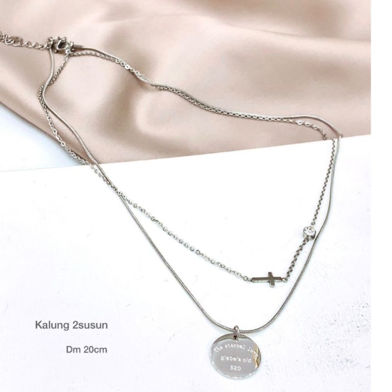 Kalung Titanium Asli Premium Quality Anti karat anti alergi Stainless steel  ori silver model susun K293