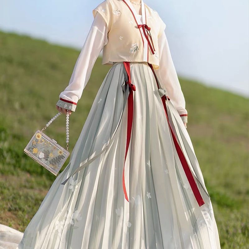 Dream hometown Tang dizi round-neck shirt one piece pleated skirt spring and autumn improved Hanfu f