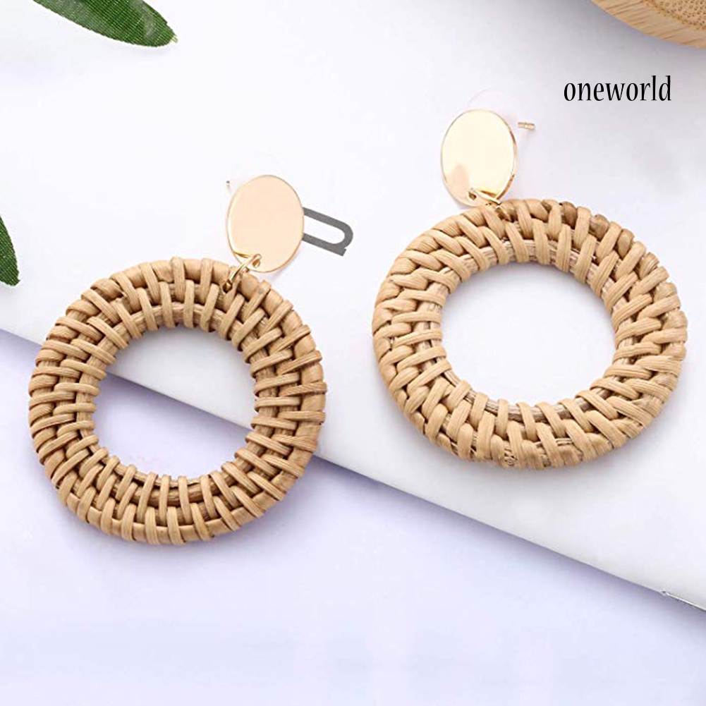 OW@ Bohemian Beach Rattan Woven Hollow Circle Drop Statement Women Stud Earrings